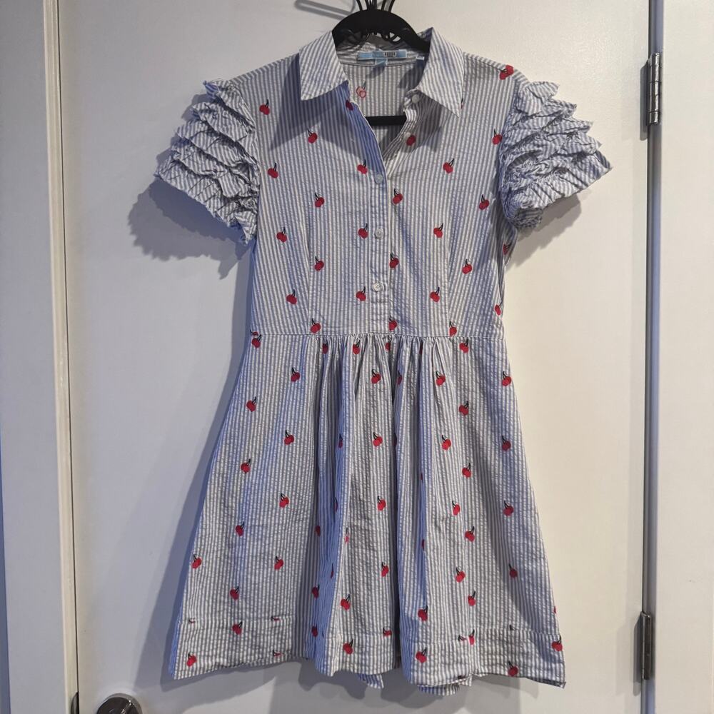 Draper James Cherry Orchard Ruffle Shirtdress Blue Collared Short Sleeve Sz 2 - Picture 5 of 11